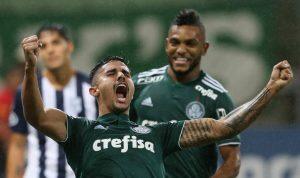 Thiago Martins comemora o gol que abriu caminho para mais uma vitória do Palmeiras na Conmebol Libertadores. Foto: Cesar Greco/Ag Palmeiras/Divulgação