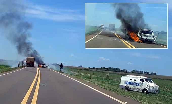 Um automóvel foi incendiado e o carro-forte foi tirado da pista durante ataque em MS (Reprodução