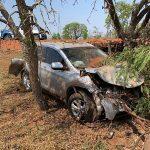Carro bateu em árvores e ficou muito danificado. Foto: Way-306