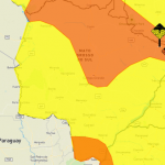 Mapa de MS com faixas do alerta. As faixas mais escuras são das cidades que correm mais riscos.