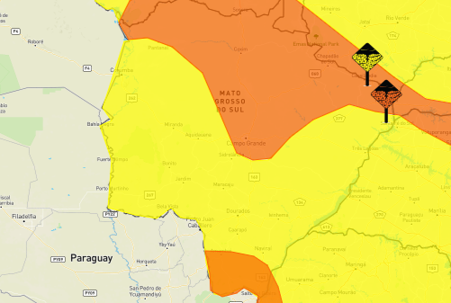 Mapa de MS com faixas do alerta. As faixas mais escuras são das cidades que correm mais riscos.