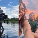 Cinegrafista Jota Passos gravando a novela em MS e os atores apreciando o pôr do sol sul-mato-grossense