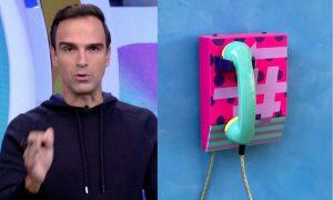 O apresentador Tadeu Schmidt e o big fone do BBB 22