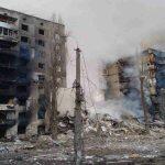 A foto mostra o centro de Borodianka na região de Kiev