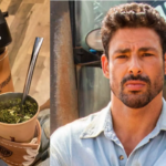 Garrafa térmica de Cauã e o ator caracterizado como Caio nos bastidores de "Terra e Paixão" - (Fotos: Reprodução das Redes Sociais e TV Globo)