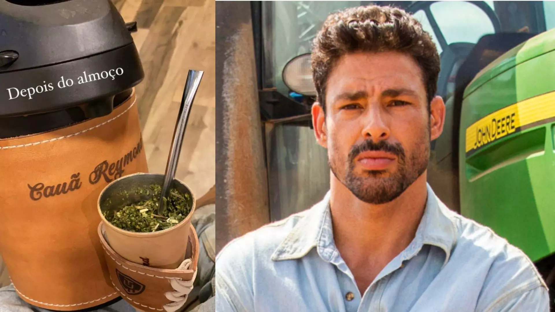 Garrafa térmica de Cauã e o ator caracterizado como Caio nos bastidores de "Terra e Paixão" - (Fotos: Reprodução das Redes Sociais e TV Globo)