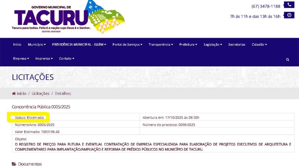 Licitação de projetos de arquitetura e complementares de Tacuru foi dada como encerrada (Reprodução)