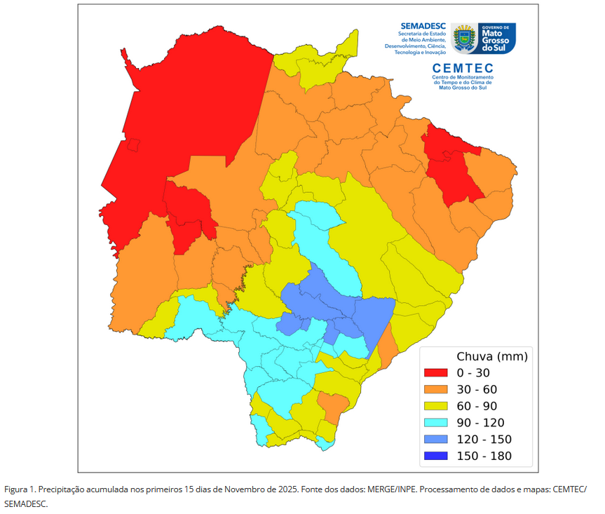 MS: Bela Vista lidera acumulado de chuva em novembro; Corumbá tem menor volume registrado