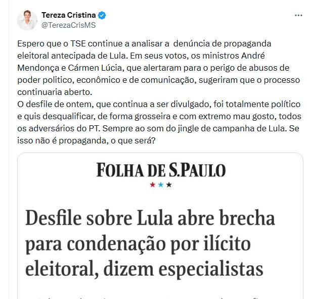 Tereza Cristina espera que TSE analise denúncia contra Lula por propaganda antecipada na Sapucaí Tereza Cristina espera que TSE analise denúncia contra Lula por propaganda antecipada na Sapucaí