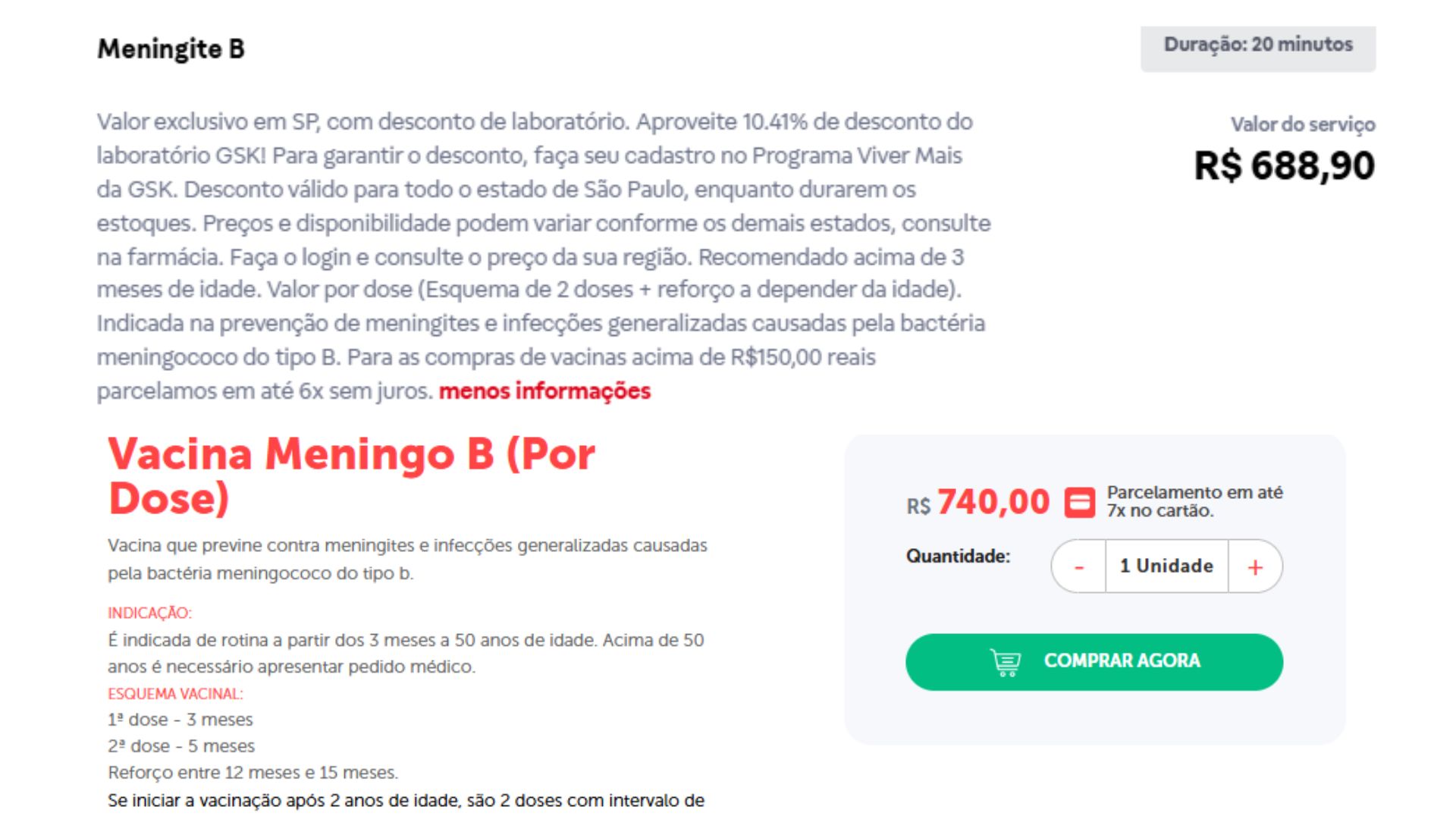 Valores da vacina de meningite