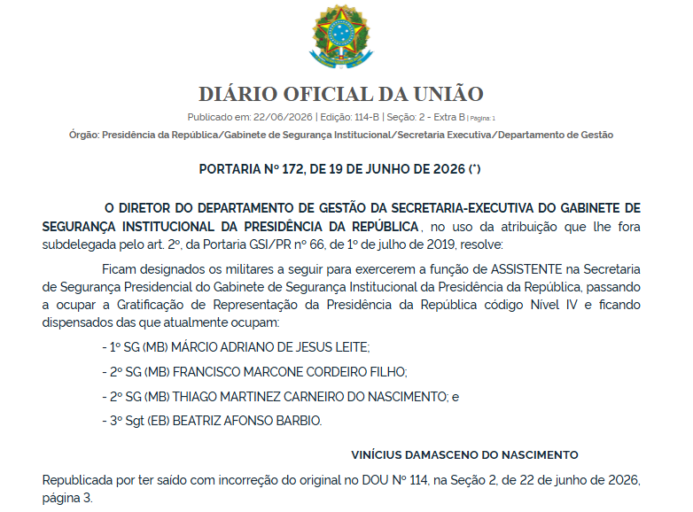 Cicrano Portaria corrigida. (Foto: Reprodução/Diário Oficial da União)