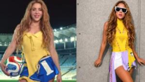 Na esquerda, a saia da brasileira e na direita a saia da grife italiana, usada por Shakira na Copa