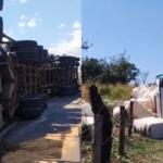 VÍDEO: Caminhão carregado com 40 toneladas de algodão tomba na BR-163 em Campo Grande