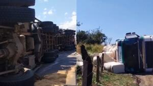 VÍDEO: Caminhão carregado com 40 toneladas de algodão tomba na BR-163 em Campo Grande
