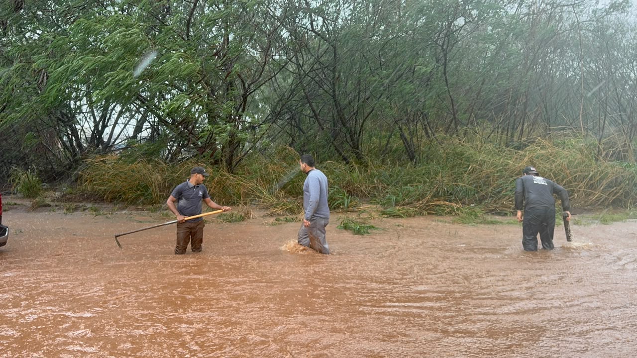 Durante tempestade, moradores se arriscam para desobstruir boca de lobo em acesso ao Pedrossian