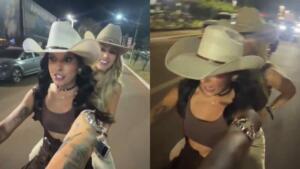 Mototáxi? Ana Castela pilota moto e dá carona para amiga após deixar o Parque do Peão