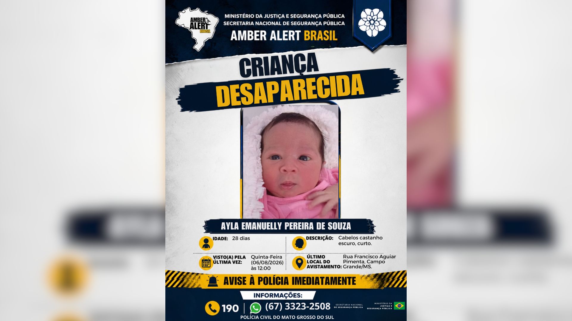 Ministério da Justiça emite alerta por desaparecimento de bebê que teria sido sequestrada