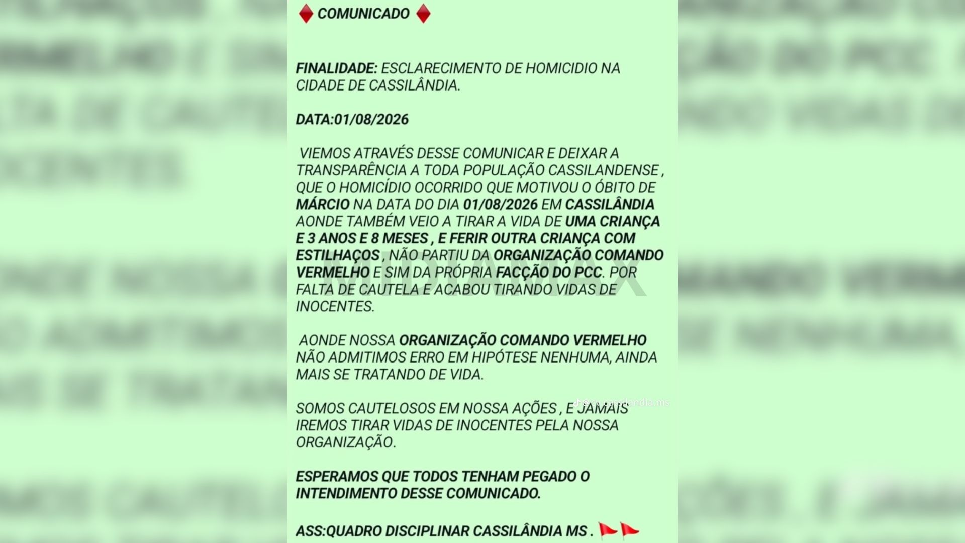 CV emite ‘comunicado’ negando participação em execução de pai e filha de três anos em Cassilândia