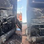 Passageiros continuam sob o sol quatro horas após ônibus pegar fogo na BR-163: ‘tem criança deitada no chão’