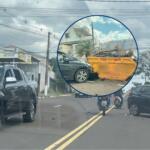 Acidente entre Ranger e Honda Fit termina com caçamba de entulho atingida na Capital