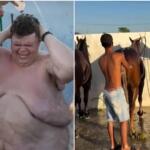 De viagem, Gordão da XJ não cabe em banheiro e toma banho com cavalos: ‘Era apertado’