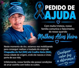 Família pede ajuda e faz vaquinha de R$ 22 mil para enterro de jovem atropelado na MS-306 