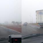 Carreta atola e bloqueia pista em trecho com neblina da Avenida João Arinos