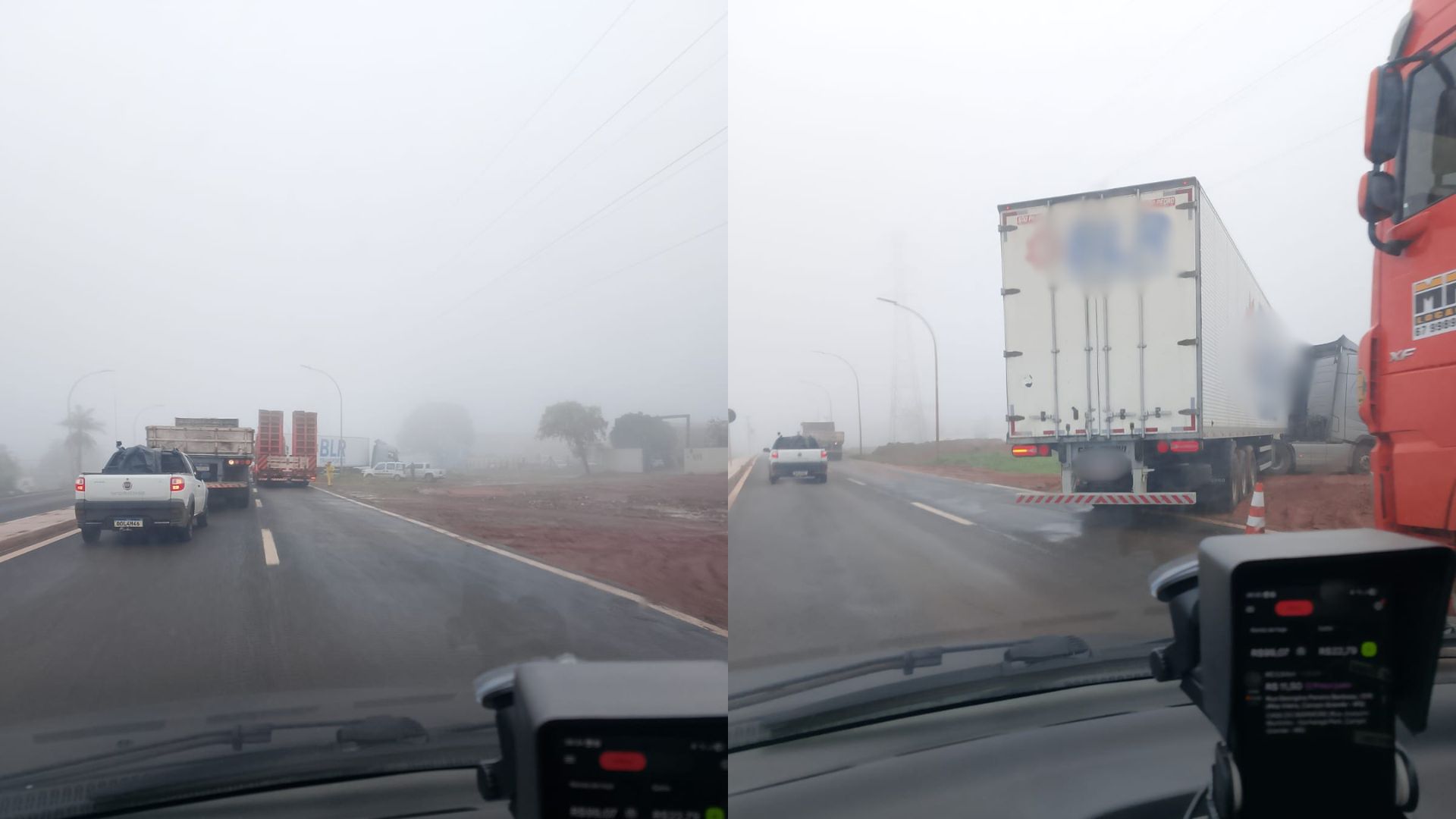 Carreta atola e bloqueia pista em trecho com neblina da Avenida João Arinos