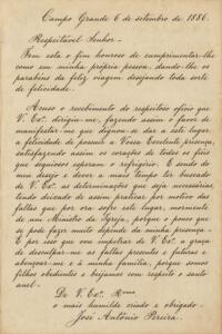 1886 – Carta de José Antônio Pereira ao bispo de Cuiabá