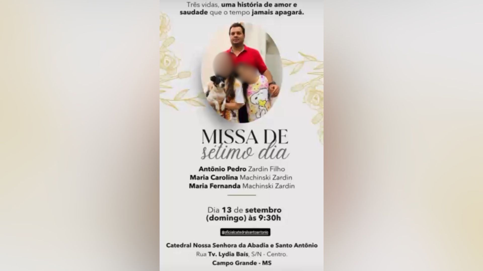 Missa de 7º dia em memória de pai e filhas mortos em acidente na BR-163 acontece em Campo Grande
