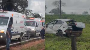 Voyage fica destruído após sair da pista e invadir pasto na região de Rochedo
