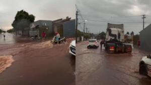 Em poucos minutos, tempestade alaga ruas em bairros de Nova Andradina