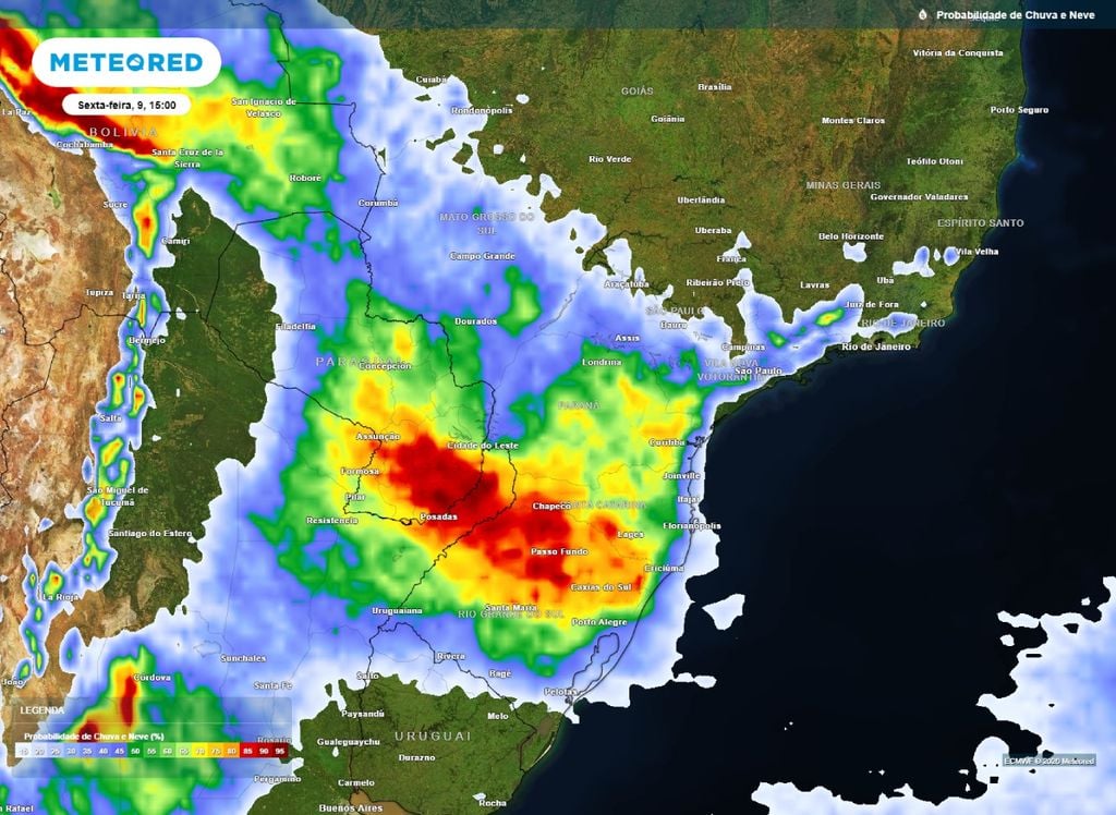 Probabilidade de chuva tarde de sexta-feira (9) (Foto: Meteored)