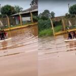 Virou moda? Remando, crianças brincam de barco após alagamento no Jardim Paris