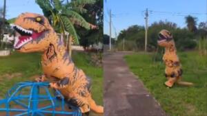 ‘T-Rex que decidiu ir para a Cidade Morena’: saiba quem está por baixo do traje
