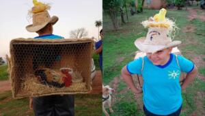 Chico Bento do Cerrado: menino transforma galinheiro em mochila e leva Zezinho à escola