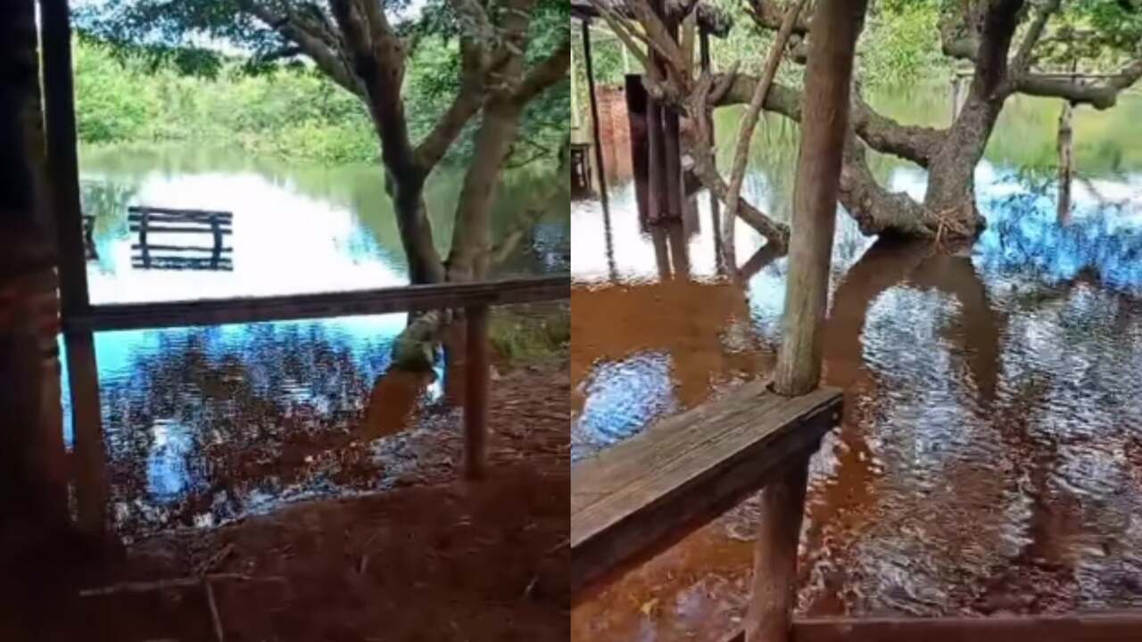 Cheia do Córrego Mantena encobre áreas de lazer de balneário em Ribas do Rio Pardo