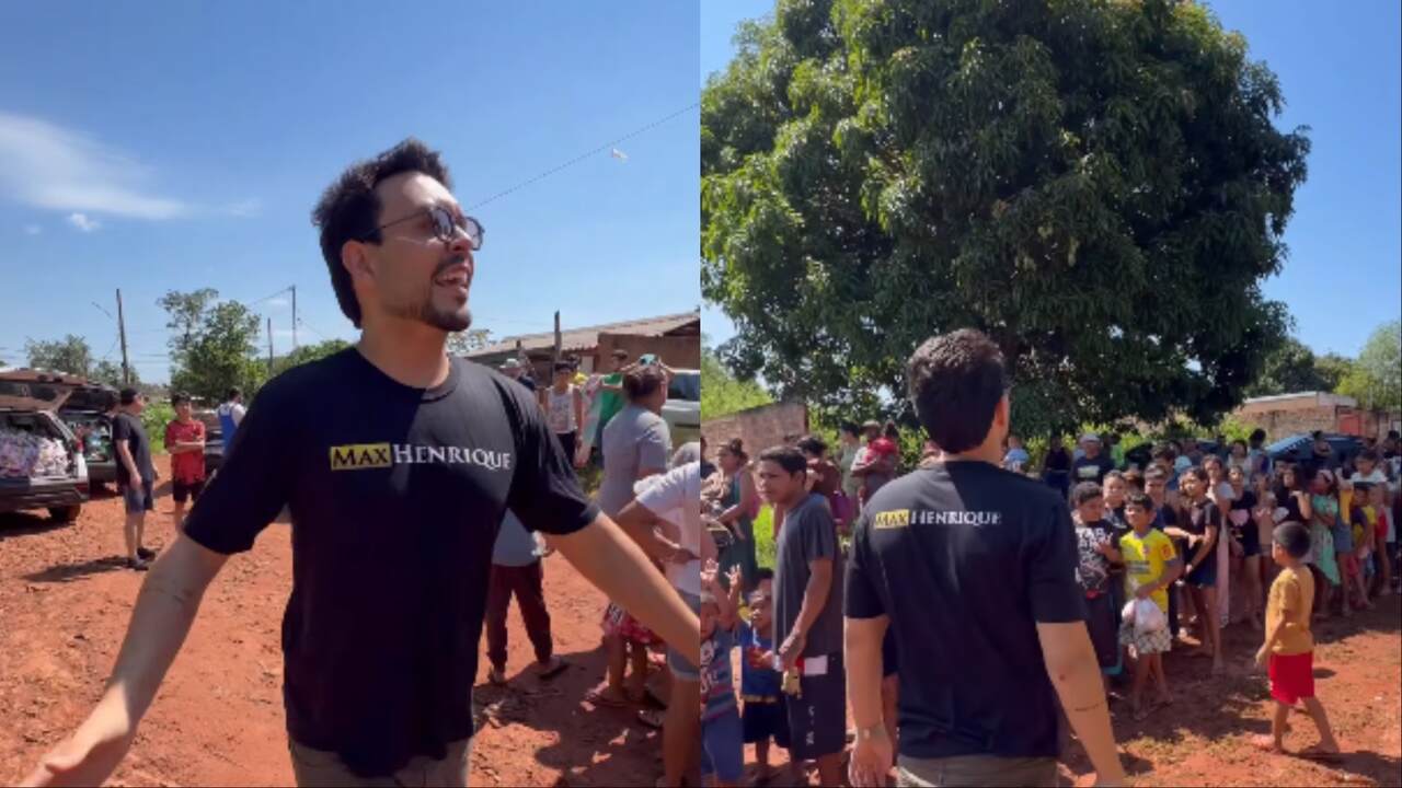 Sertanejo Max Henrique distribui brinquedos para multidão de crianças em Campo Grande