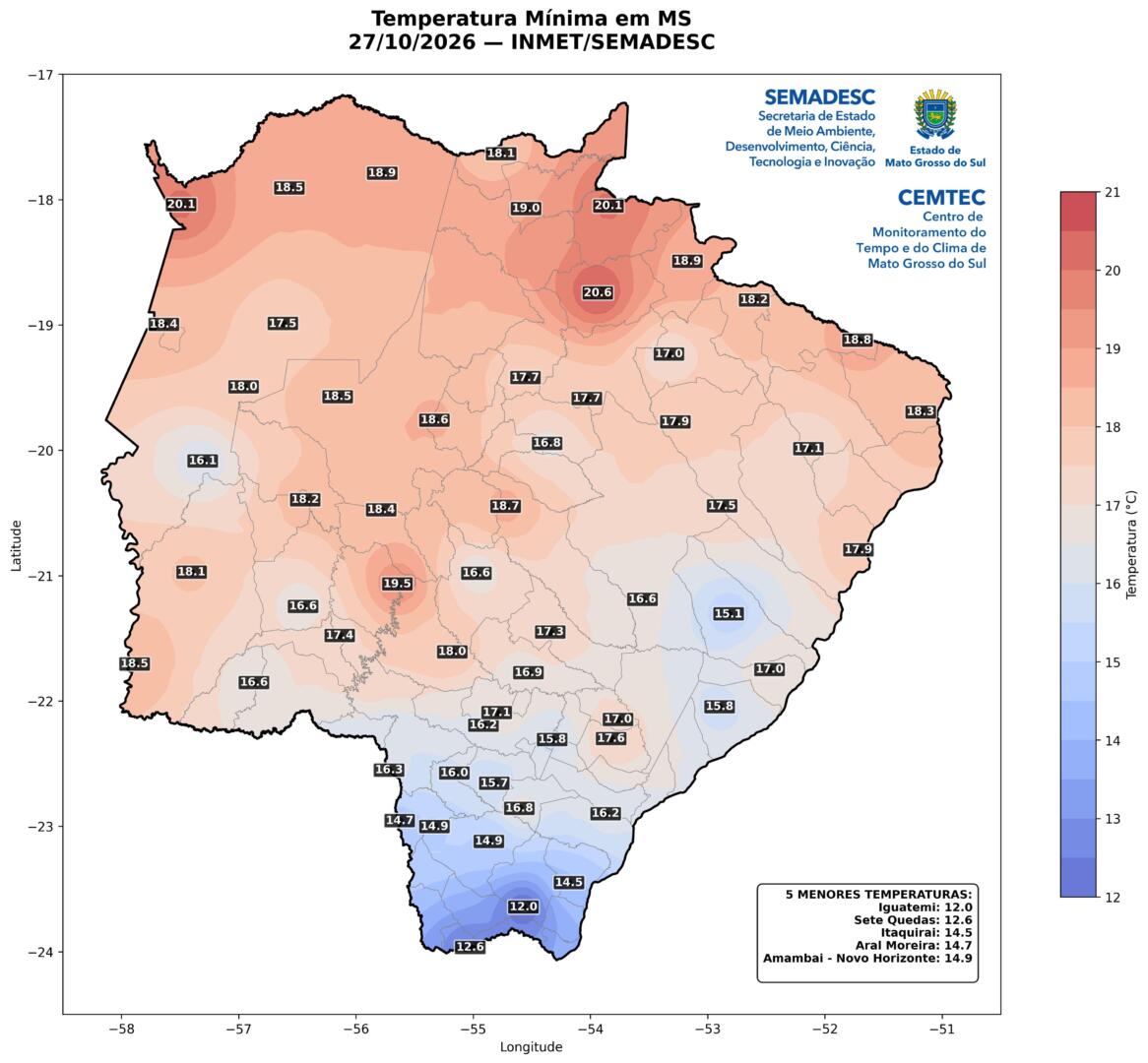Massa de ar frio provoca temperaturas mínimas de 12°C no sul de MS nesta terça-feira Massa de ar frio provoca temperaturas mínimas de 12°C no sul de MS nesta terça-feira